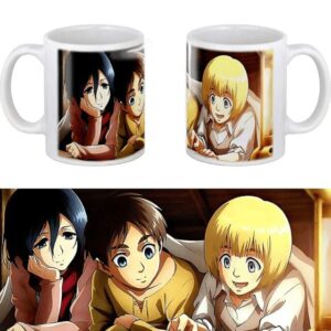 Taza Ataque a los Titanes Eren Mikasa y Armin